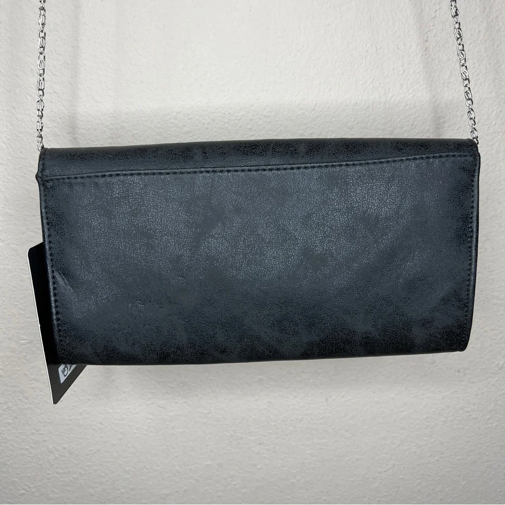 NEW MMS Black Faux Leather Rhinestone Accent Clutch Purse Silver Chain Strap